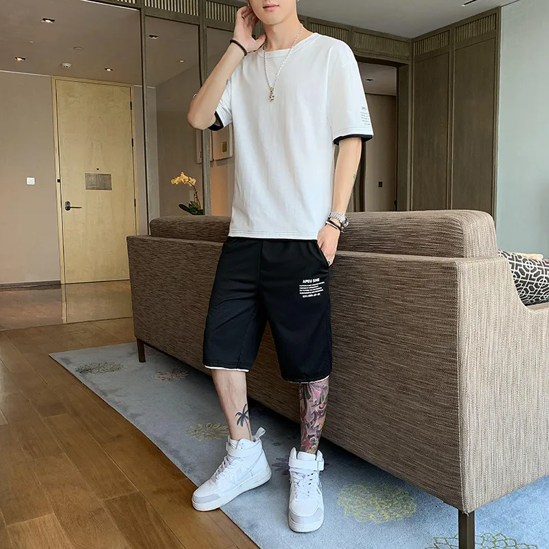 

Men's short-sleeved t-shirt tide brand 2021 new summer ice silk two-piece loose cotton wild half-sleeved T-shirt casual suit