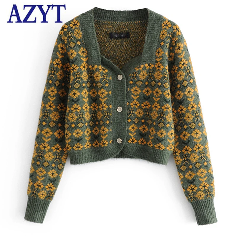 

Женский короткий кардиган с цветочным принтом AZYT, повседневный вязаный свитер с длинным рукавом, джемпер для осени, 2021