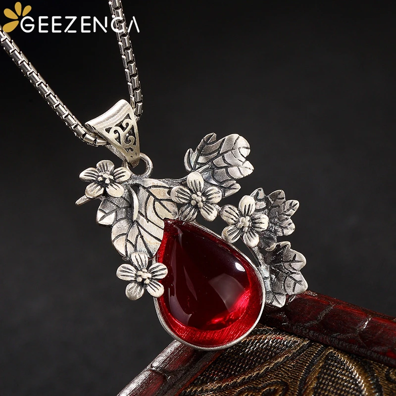 

GEEZENCA S925 Silver White Chalcedony Red Garnet Plum Blossom Pendant For Women Natural Stone Necklace Pendants Without Chain