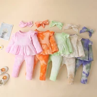 baby girls clothes set 3pcs knitted outfits headband ruffle dress tie dyed leggings pants roupa de bebe casual infant clothing