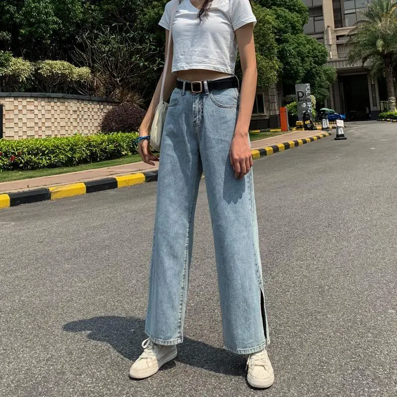 

High Waist Jeans Wide-Leg Jeans Women Vertical Straight Loose Slim-Looking Split Mopping Jeans