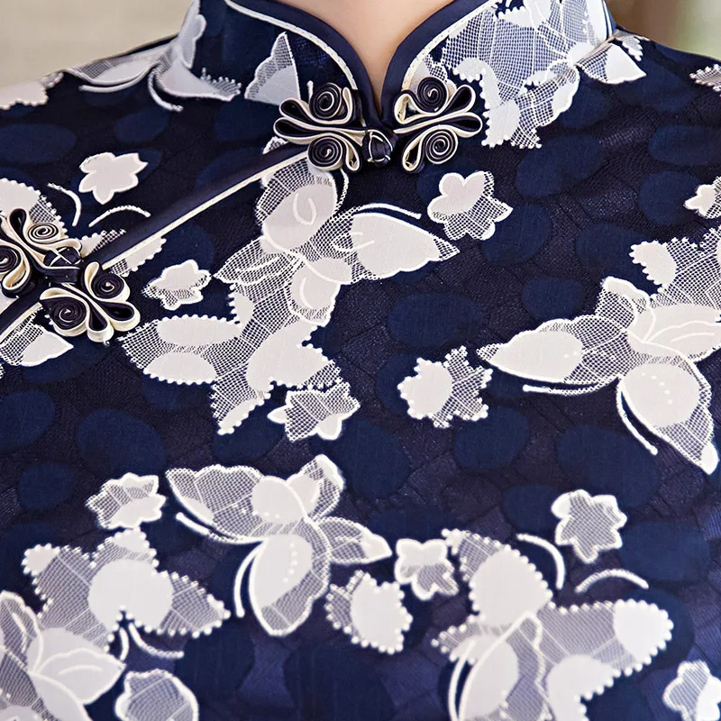 Sheng Coco темно синее кружевное короткое Qipao женское Повседневное платье Чонсам с