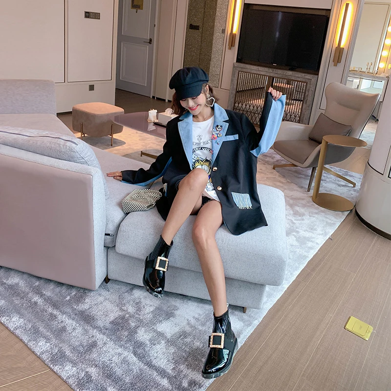 Весенние джинсовые Лоскутные дизайнерские куртки модные женские блейзеры с