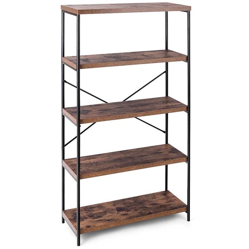 

4 Tier Multipurpose Open Bookcase Industrial Rack Robust Structural Design Regular X-shaped Iron Pipe Frame Storage Shelf