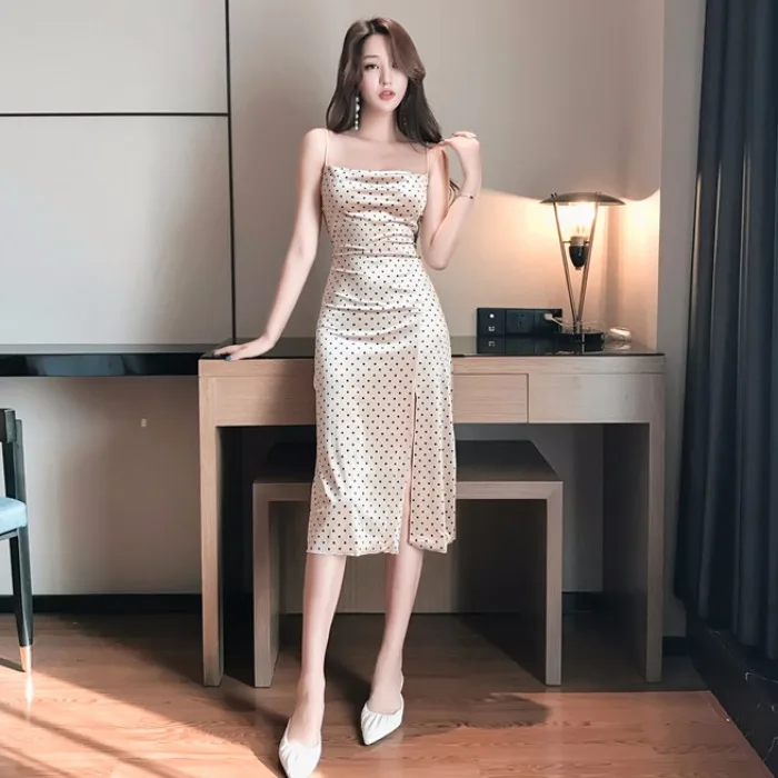 

Summer sexy nightclub elegant slim split point suspender sleeveless mid length dress