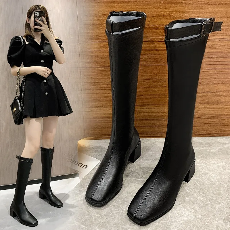 

Женские сапоги до колена из ПУ кожи, с острым носком