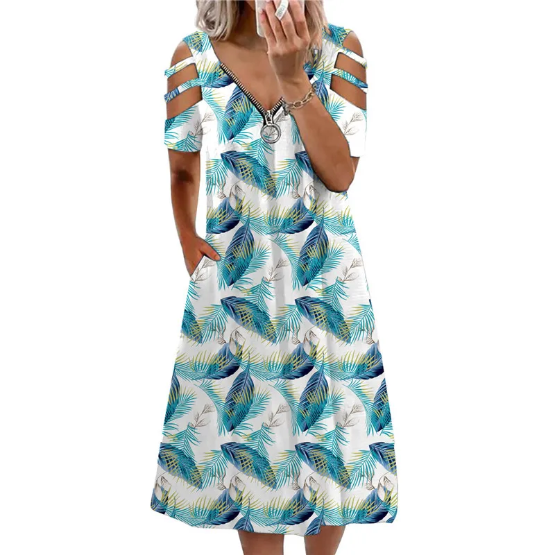

Summer Women V-Neck Print Big Swing Dress Plus Size Zipper Short Sleeve Off Shoulder Ladies Dress Fashion Casual Loose Clothing