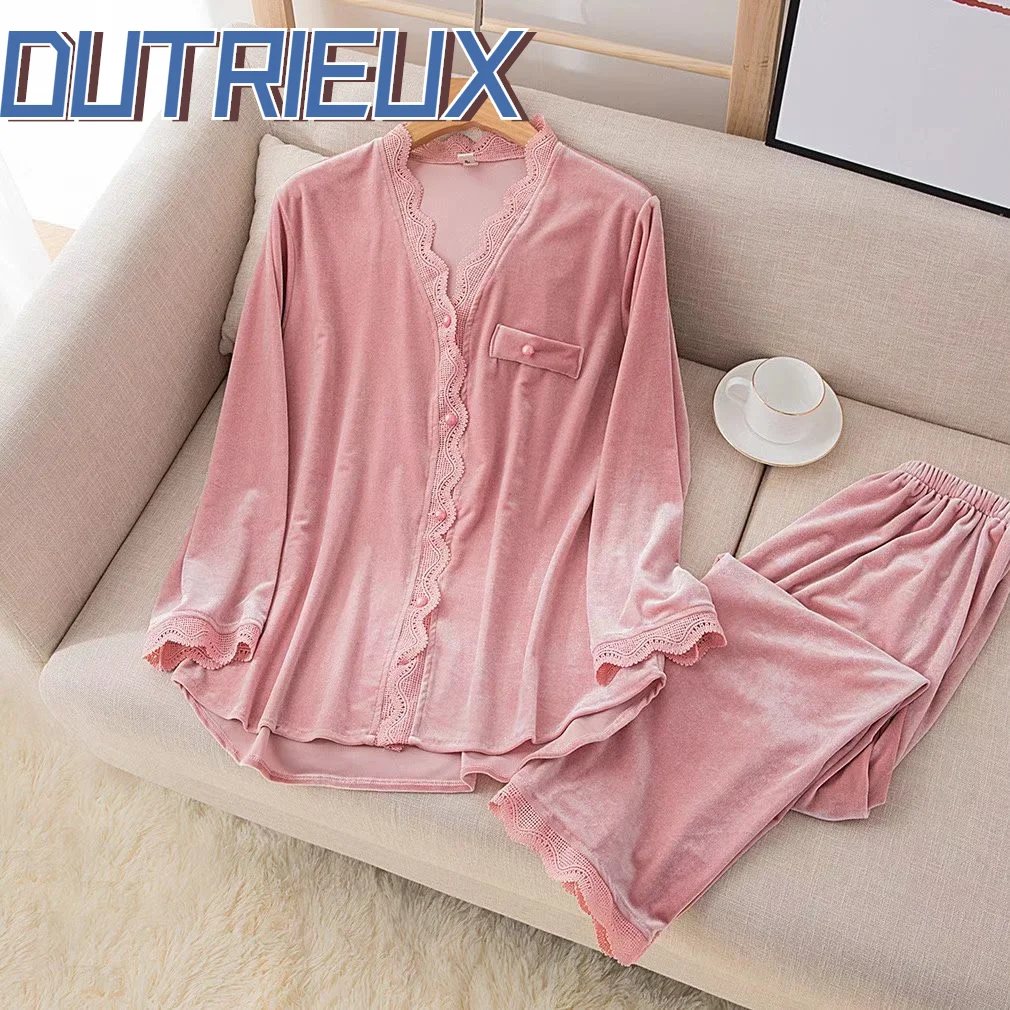 

DUTRIEUXWomen Pajamas Suit Sleepwear Turn-Down Collar Lingerie Velour Autumn Winter Bathrobe Kimono Gown 2PCS Nightwear Homewear