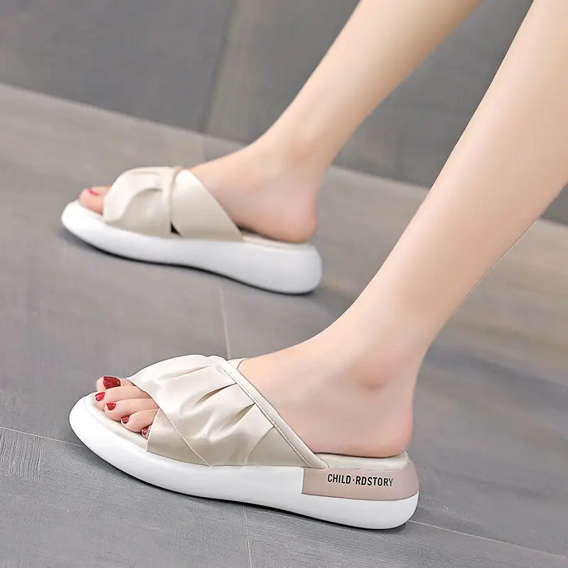 Summer Women Comfy PU Leather Shoes Slipper Ladies Platform Flat Sandal Soft Peep Toe Foot Casual Sandal Outdoor Platform Slides