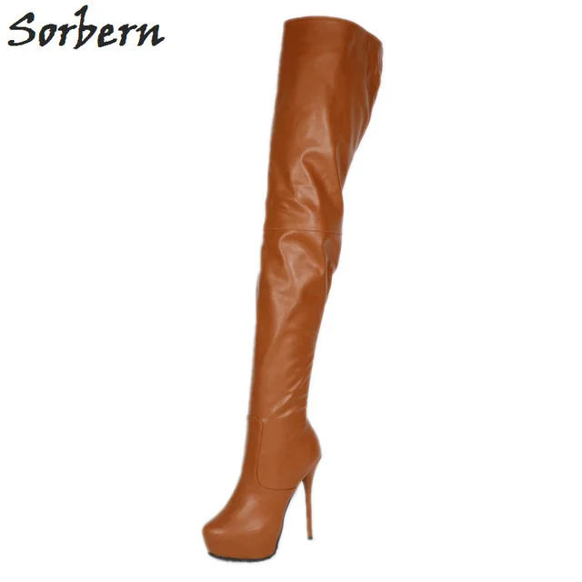 Light Brown Sorbern; темно-синие женские сапоги до бедра на высоком каблуке-шпильке; обувь на платформе; женская обувь для девочек на заказ; женская обувь на платформе и каблуке - Цвет: Light Brown