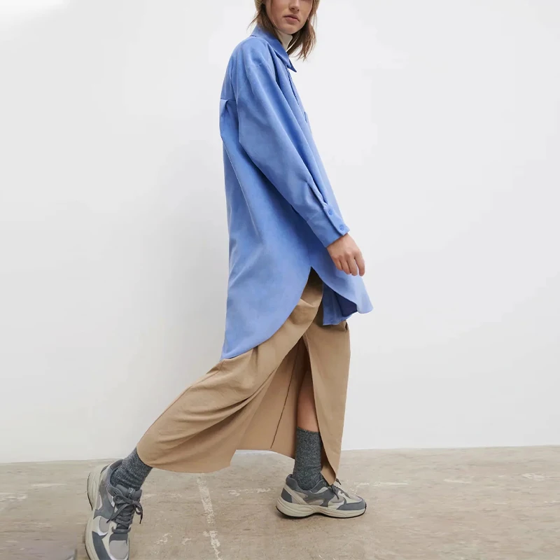 

High quality ladies corduroy shirt blue long shirt long sleeve blouse casual top office work clothes