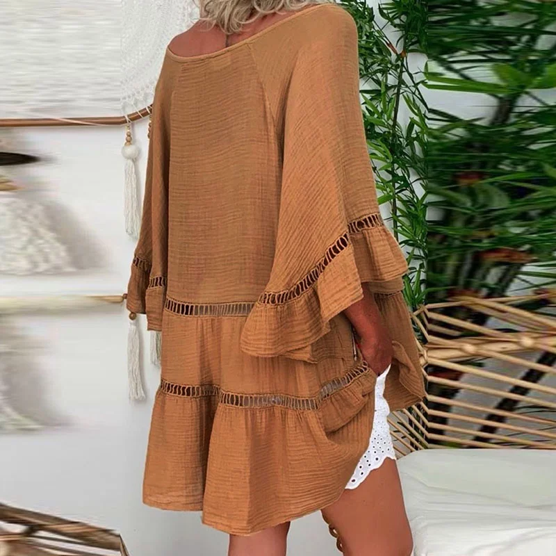 

Women Summer Blouse Length Sleeve Hollow Out Shirt Cotton Linen Solid Color V-Neck Plus Size Casual