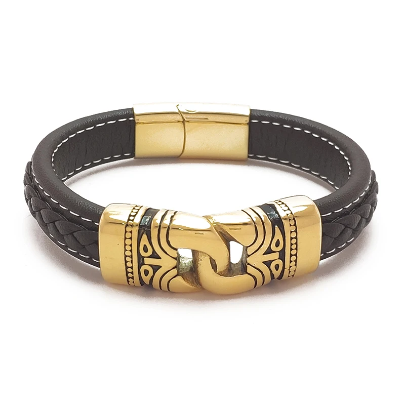 

MOZO 2021 Men Punk Jewelry Braided Leather Bracelets Handmade High Quality Trendy Stainless Steel Clasp Wrist Band Wholesale 015