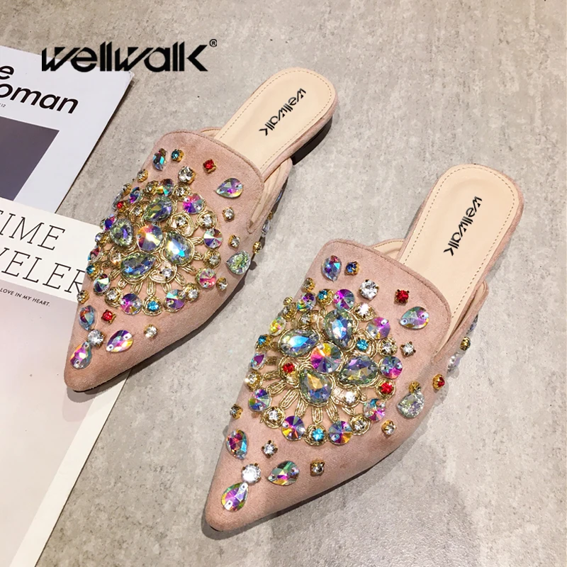 Цветная обувь с кристаллами Женские Тапочки низкий каблук шлепанцы со стразами