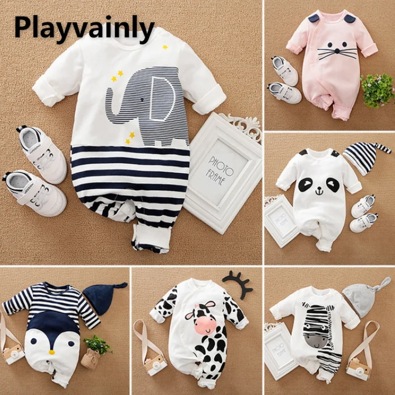 

2021 New Autumn Kids Boys Girls Romper Long Sleeves Cartoon Elephant Penguin Rabbit Fox Giraffe Jumpsuit Newborn Outfits E533