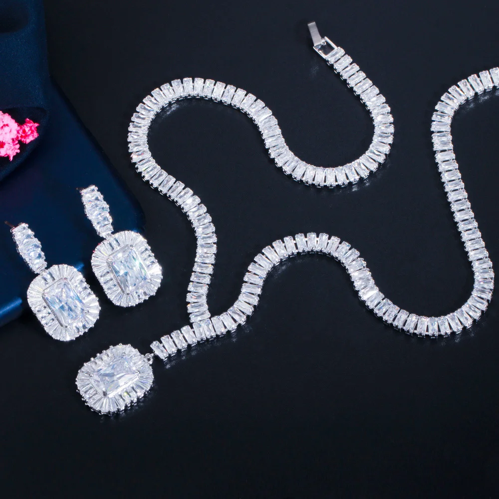 CWWZircons Bling Square Drop темно синий кубический циркон ожерелье и серьги женские вечерние