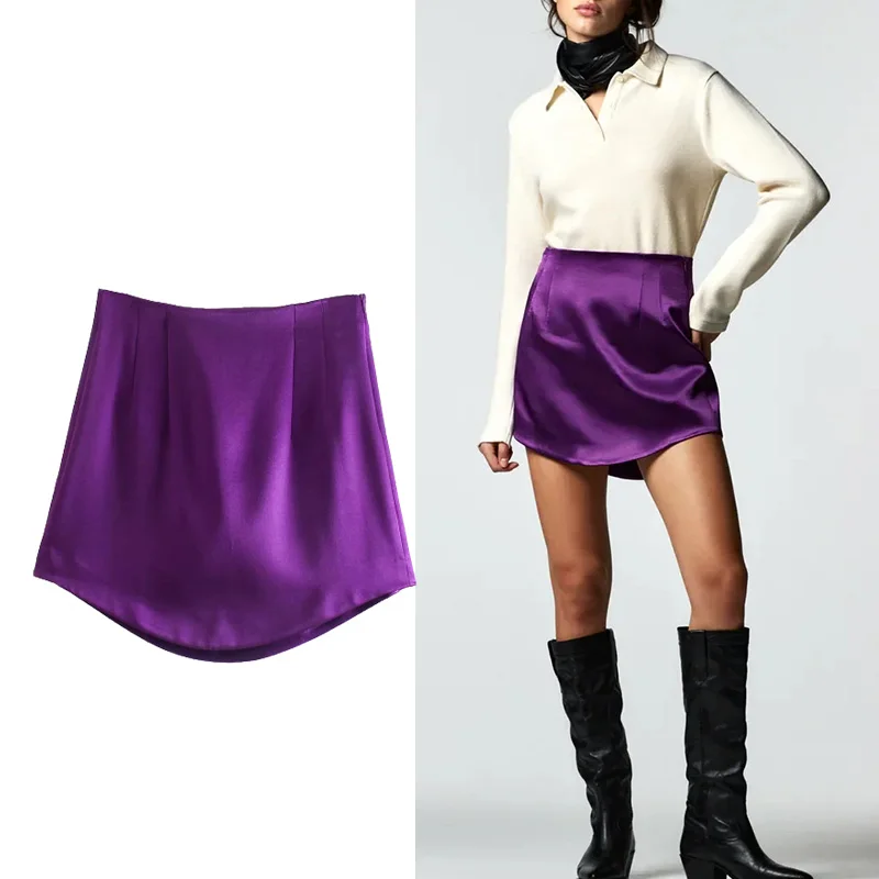 

TRAF 2021 Woman Half Skirt New Casual Silk Satin Texture Mini Half Body Skirt Vintage Street Style Autumn Female Skirts