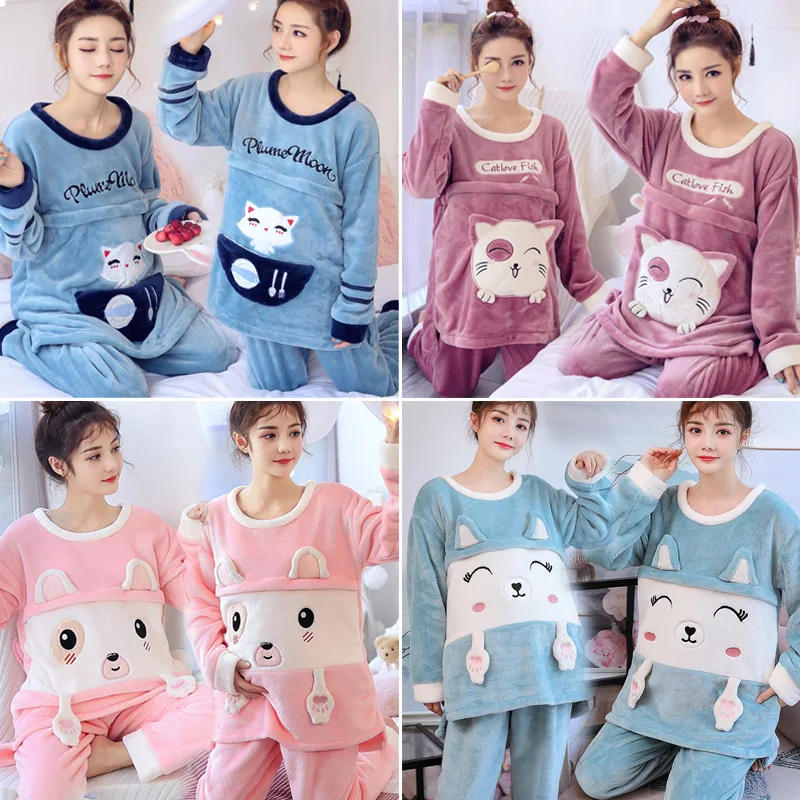 

Fleeced Warm Women Maternity Pajama Clothing Set Coat + Pant Soft Pregnancy Pajamas Sleepwear Pregnant Breastfeeding Tracksuit