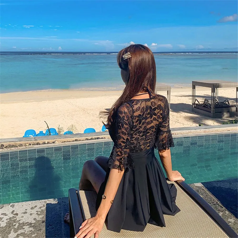 Sexy Lace One Piece Swimsuit Women Solid Swimwear Short Sleeve Monokini Push Up Swim Suit Skirt Trikini Pad Bathing Black |