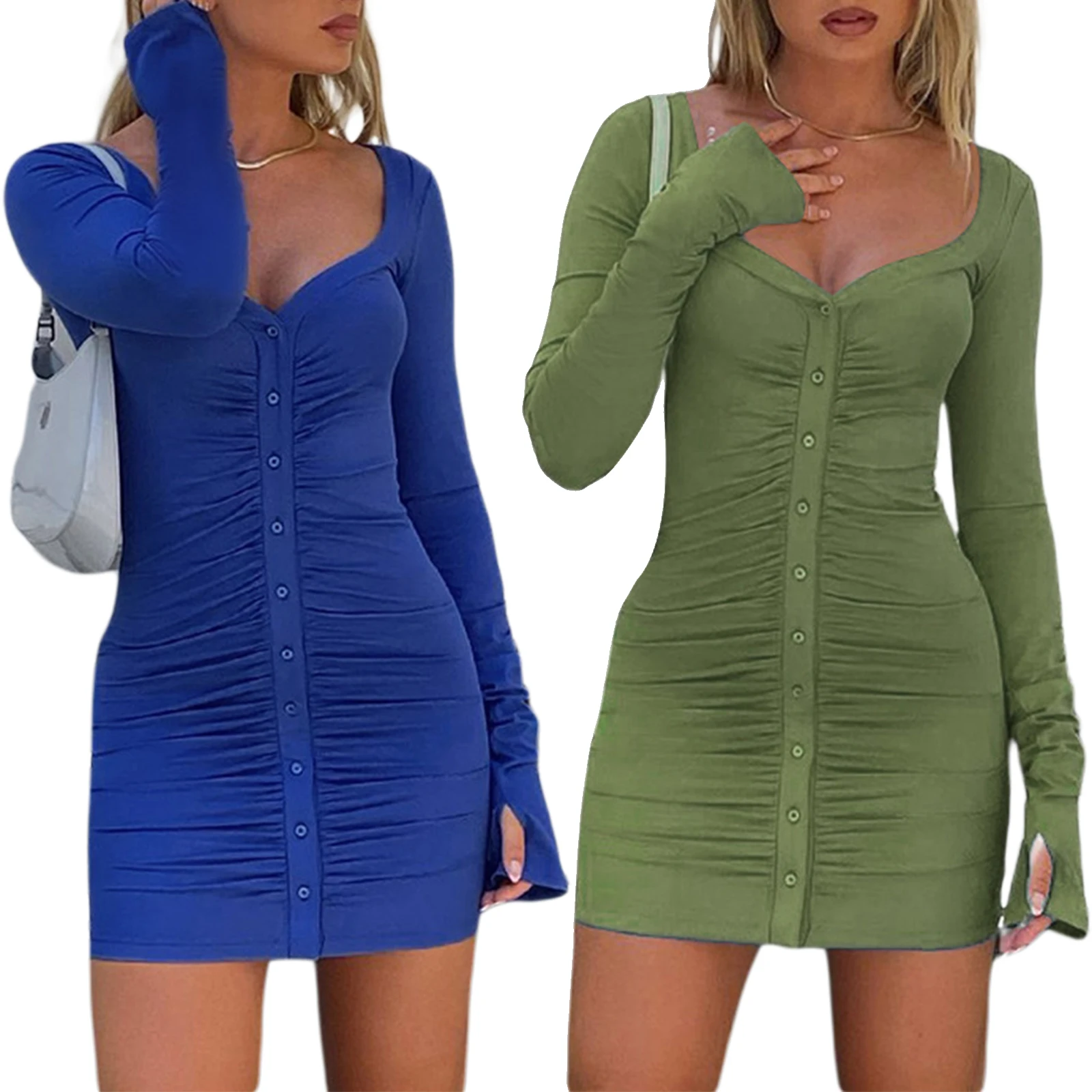 

Women Casual Party OL Ruched Vestidos Solid Color Long Sleeve Autumn Dress Lowcut Collar Button Down Slim Bodycon Dress Female