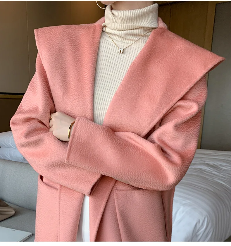 

2021 women water ripple double-faced wool coat women woolen coat black wool coat women coat winter Single Breasted pink coat
