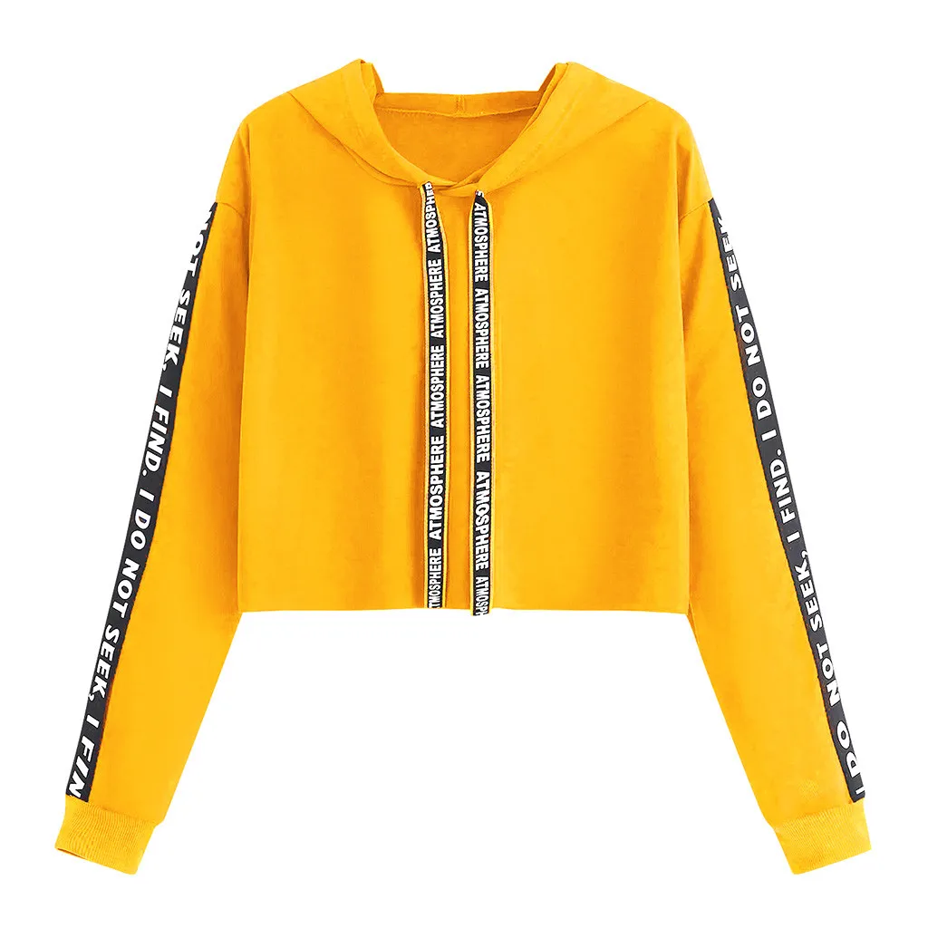 Yellow Женские толстовки, толстовка, Осенний укороченный топ, толстовка с длинным рукавом, худи с буквенным принтом, пуловер, топы, толстовки, пальто, женские толстовки - Цвет: Yellow