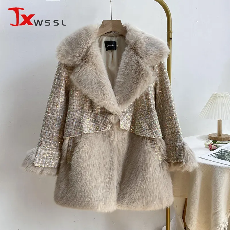 2022 New Simple Fashion Sequined Wool Fur Coat Women's Winter Keep warm Soft Loose Jackets Elegant Lady Casual Party Overcoat