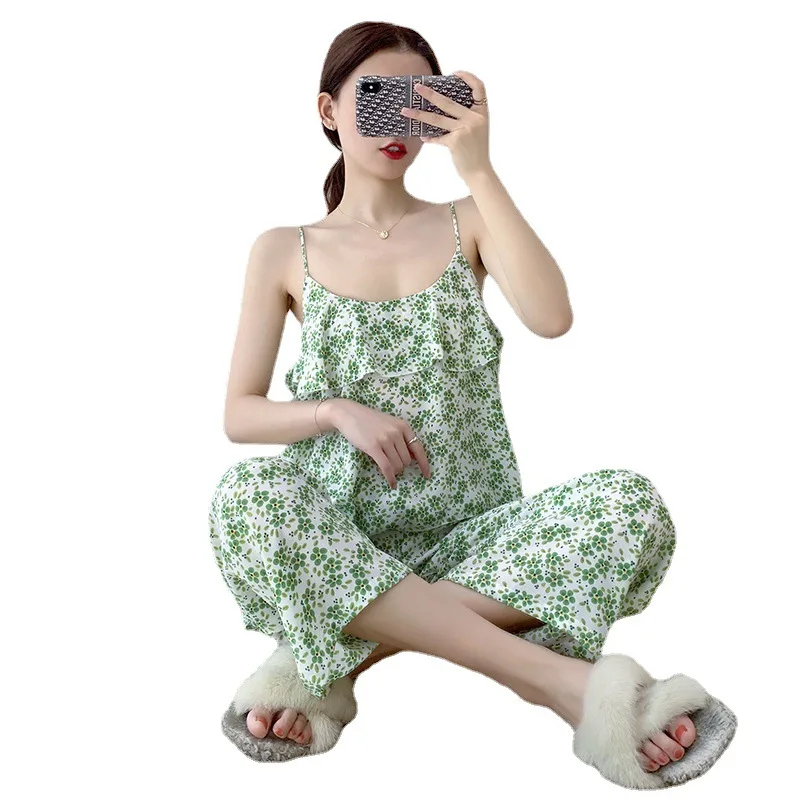 

Pyjama Pour Femme Summer Print Sexy Pijama Mujer Verano Suspender Trousers Two Piece Set Kawaii Pajamas Women Home Wear Suit