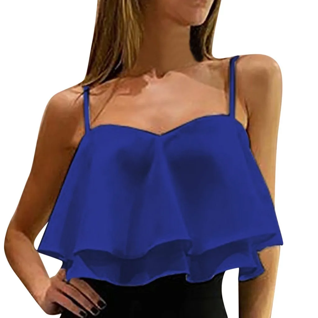 

T-shirt Female 2021strapless Women Clothing For Home Sexy Sleeveless Pleated Ruffle Double Layer Chiffon Spaghetti Strap Top