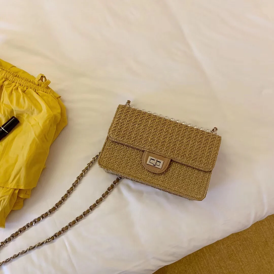 

Straw Leather Handbag Women Summer Rattan Bag Handmade Woven Beach Pearl Bohemia Shoulder Bag New Fashion