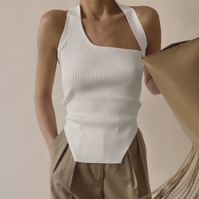 

Sunny y.j.Asymmetry Design Solid White Knitted Top Summer High Street Tanks Camis Halter Top Women Harajuku Vest Vintage 2021