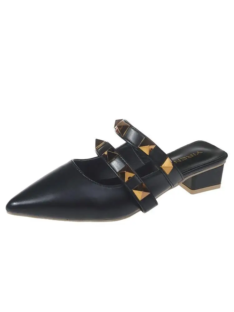 

Cover Toe Loafers Female Shoes Mules For Women 2021 Square heel Ladies' Slippers Med Rivet Pointed New Block Soft Summer Slides