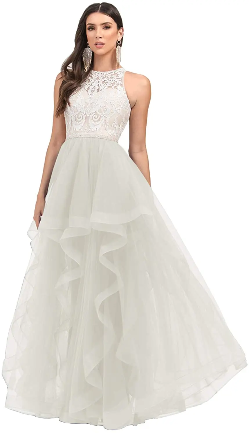 

Women's Lace Bodice A-line Ruffle Tulle Evening Prom Dress Long Formal Ball Gown Prom Dresses with Sparkles