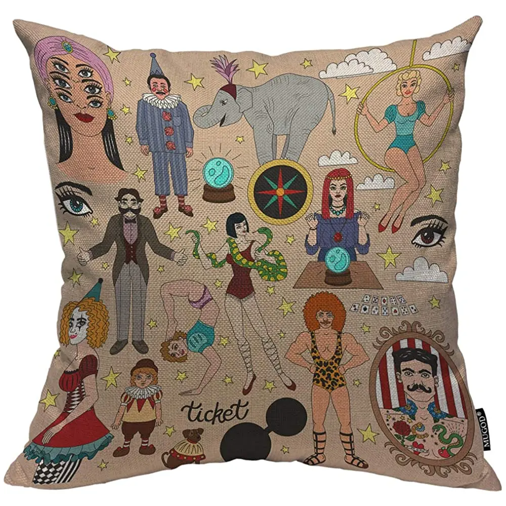 

Mugod Circus Decorative Pillow Case Elephant Snake Star Circus Perfomer Psychic Fortune Teller Clown Throw Pillow Cover