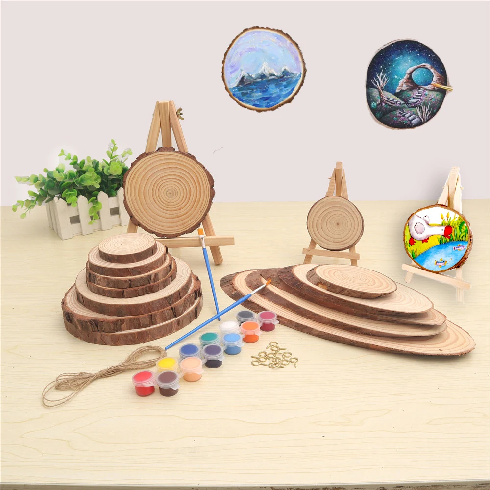 

Natural Wood DIY Package Hemp Rope Paint Set Tree Bark Painting Log Children's Drawing Wooden Toy Craft Party Home Decoration