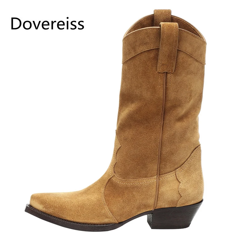 

Dovereiss 2022 Genuine Leather Half Boots Ladies Boots Winter New Pointed Toe Sexy Brown Slip On 4.5CM Chunky Heels 41 42 43 44