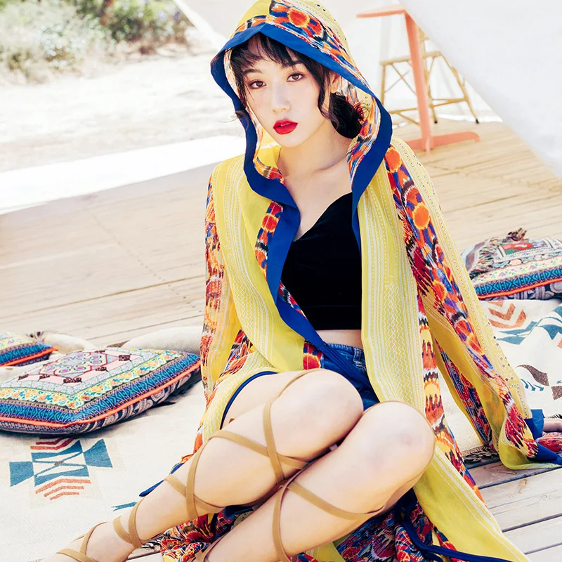 Летнее женское кимоно блузка с капюшоном длинным рукавом цветочным принтом