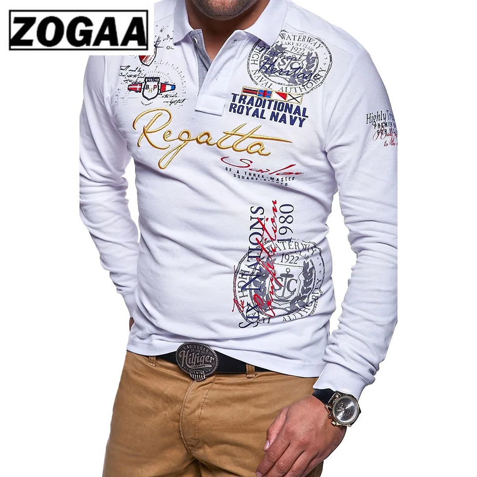 Мужская футболка с отложным воротником белая синяя Повседневная длинным рукавом