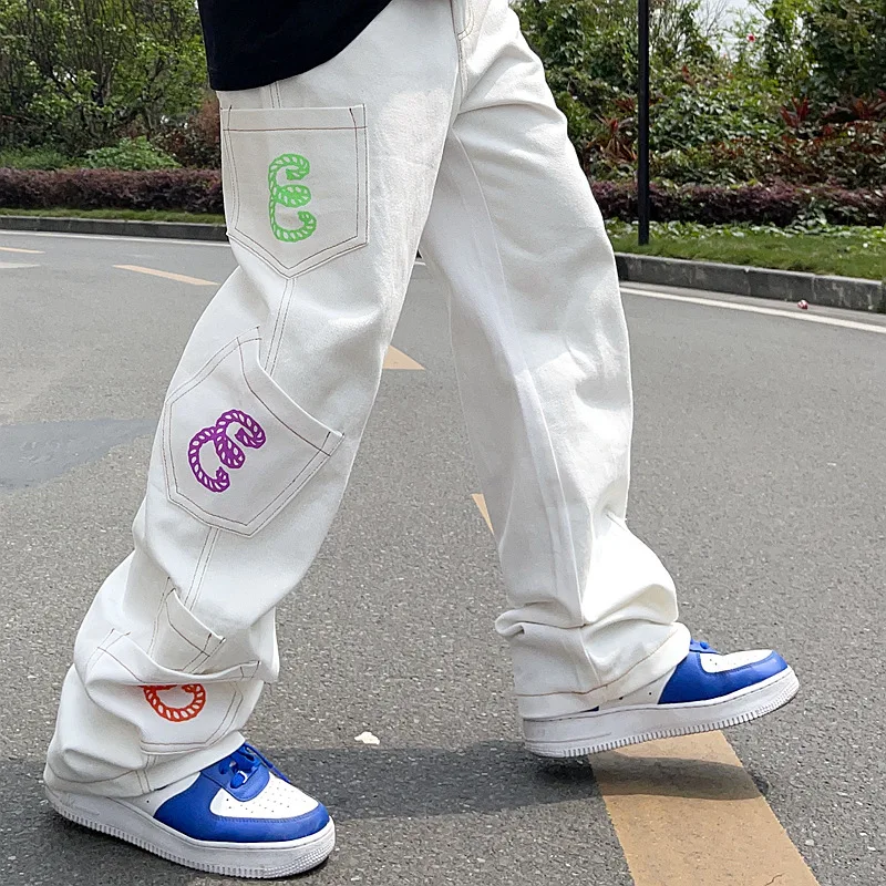 

High Street Harajuku Retro Pocket Letter Print Straight Cargo Pants Casual Jeans Men and Women Streetwear Denim Trousers