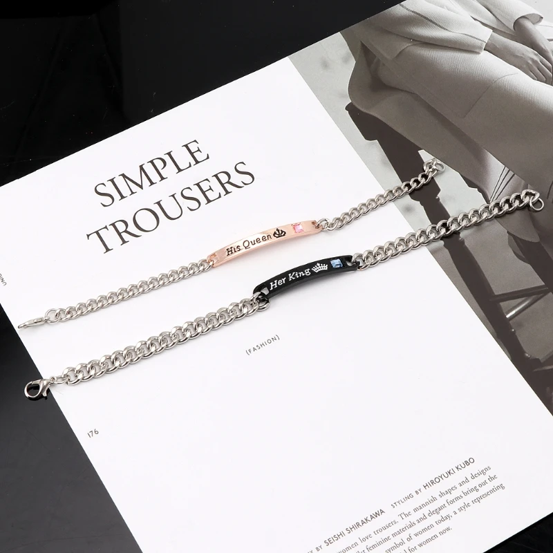 

Y1UE 2 шт. ювелирный подарок для влюбленных его королева ее король браслеты из нержавеющей стали для пар