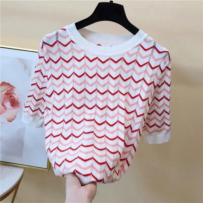 Loose Thin Hollow Silk Sweater Female Round Neck Striped Frill Short Sleeve Knitted Bottoming Jumper Pullover Women Spring | Женская