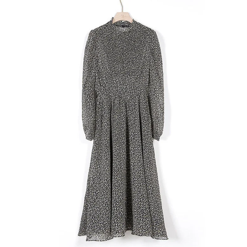 

Vintage Stand Collar Sleeve A-line Dress Women Elastic Waist Female Dress Spring femme 202