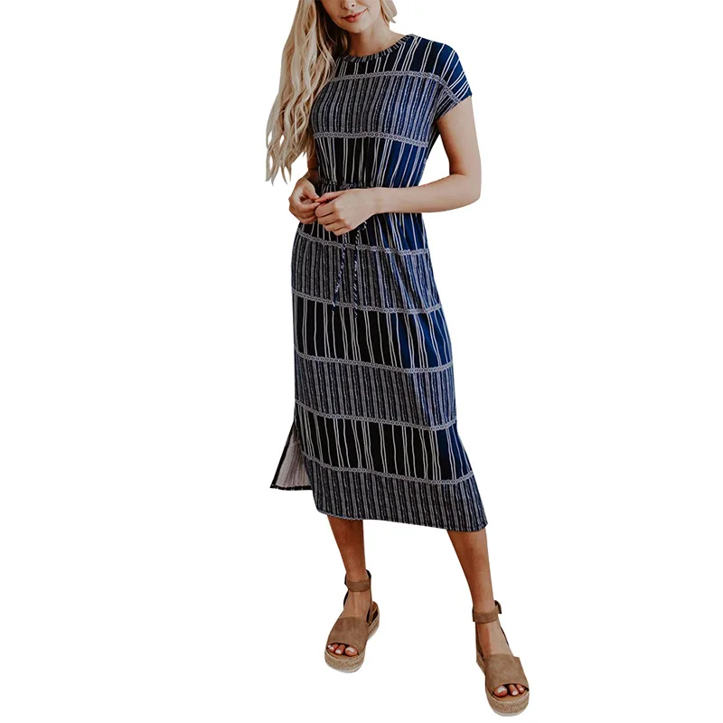 

2021 Summer Casual Women's Lace Skirt Split Short Sleeve Round Neck Printed Dress Sweet Dresses for Women