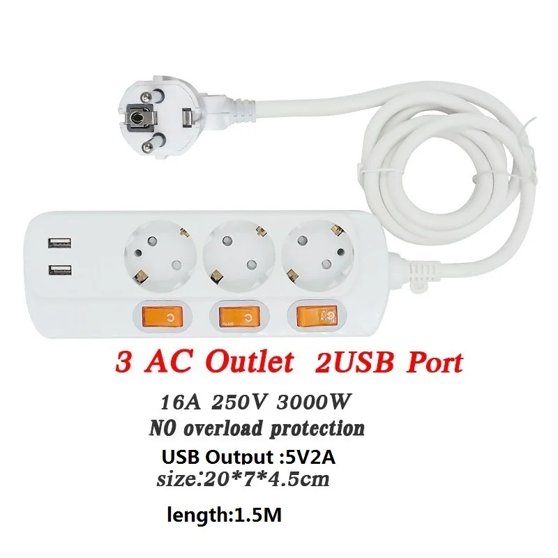3 AC 2 USB Удлинитель 1,5/2,5 м 3500 Вт 16A 250 В защита от перегрузки индивидуально переключаемая плата переключателя ЕС/fc4.8мм разъем 4 AC Выходное гнездо - Цвет: 3 AC 2 USB