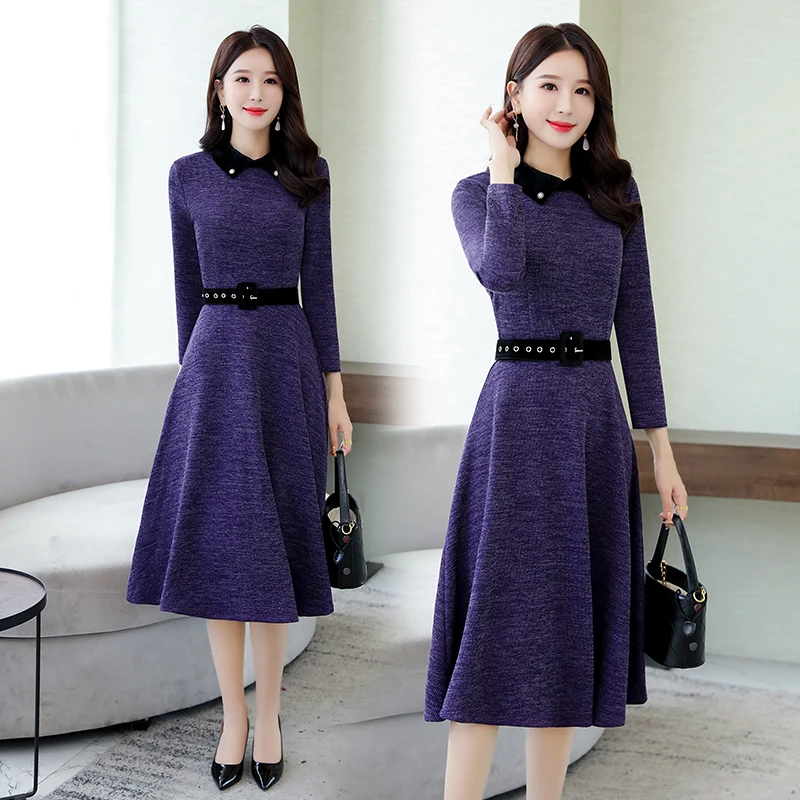 Новое фиолетовое платье с воротником стойкой и длинным рукавом женское осенне