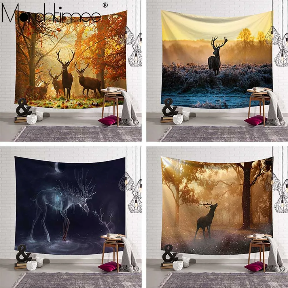 Настенный гобелен с большим лесом многоцветный Радужный лось дерево хиппи