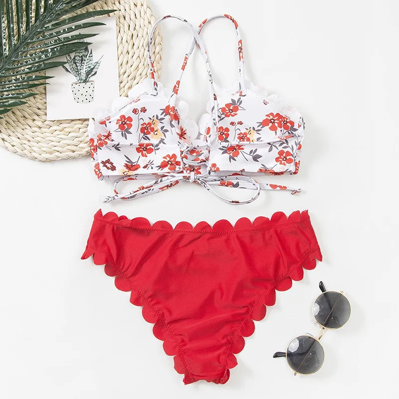 

AGOUTI Scalloped Bikinis Swimsuits Swimwear Women 2021 Floral Printing Bathing Suits Red Biquini Sexy Strap Beachwear Bikini Set