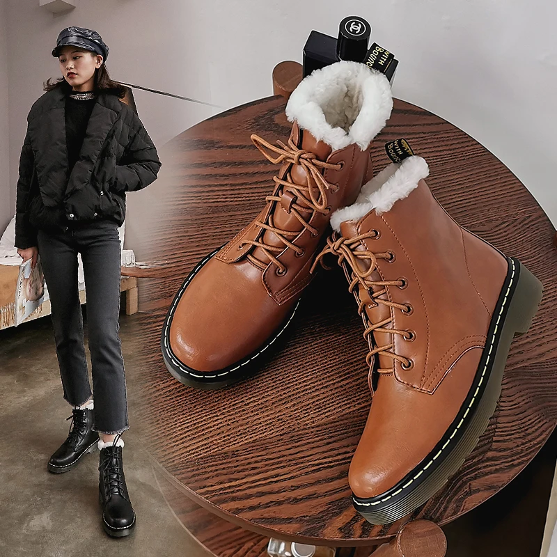 

Genuine Leather Lambswool Women Boots Round Toe Martin Boots Fashion Lace-Up Short Boots Female Platform Women Shoes Handmade
