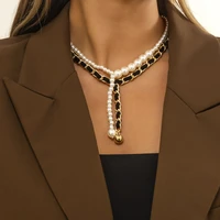 punk layered chain with long tassel necklace for women trendy pearl beads chain choker necklace set on neck 2022 fashion jewelry