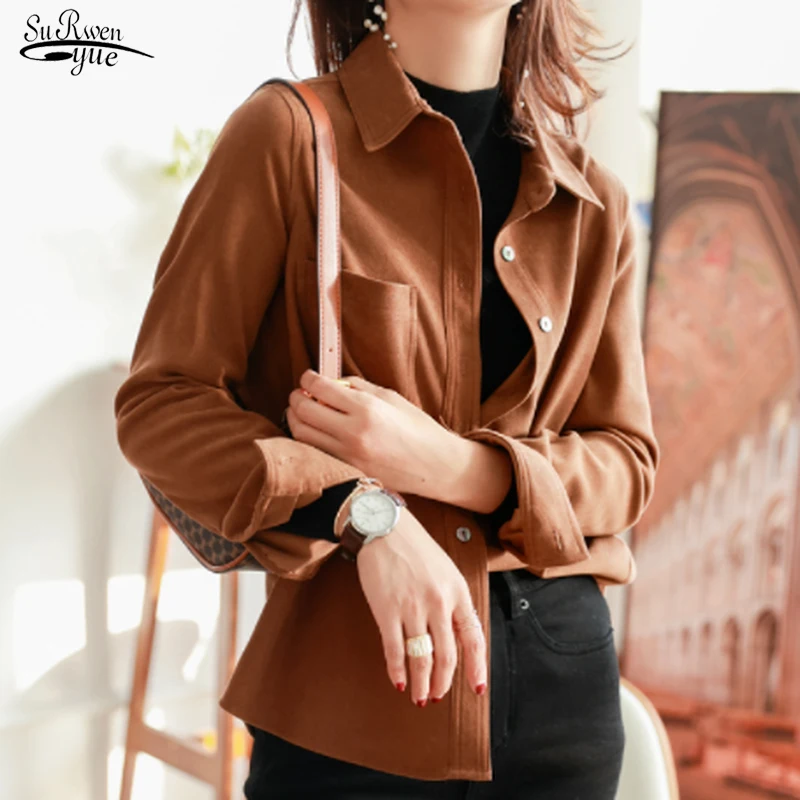 

Женская Вельветовая рубашка на пуговицах, однотонная свободная винтажная рубашка с длинным рукавом и отложным воротником, с карманами, осе...